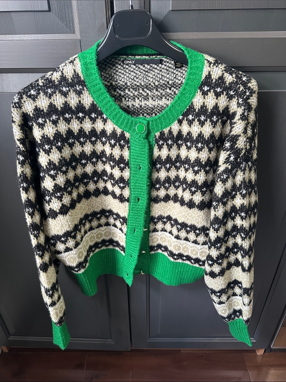 ONLY Green-Trim Black & Cream Patterned Women's Sweater